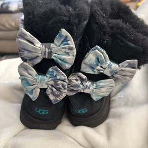UGG Bailey Bow Boots Black Suede with Tie-Dye Bows